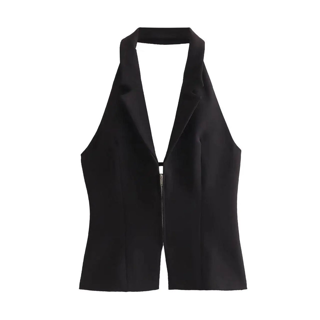 HH Female Sexy Slim Crop Top Solid Turn-Down Collar Sleeveless Backless Decorate Zipper Summer Tops Woman Trendy
