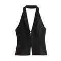 HH Female Sexy Slim Crop Top Solid Turn-Down Collar Sleeveless Backless Decorate Zipper Summer Tops Woman Trendy