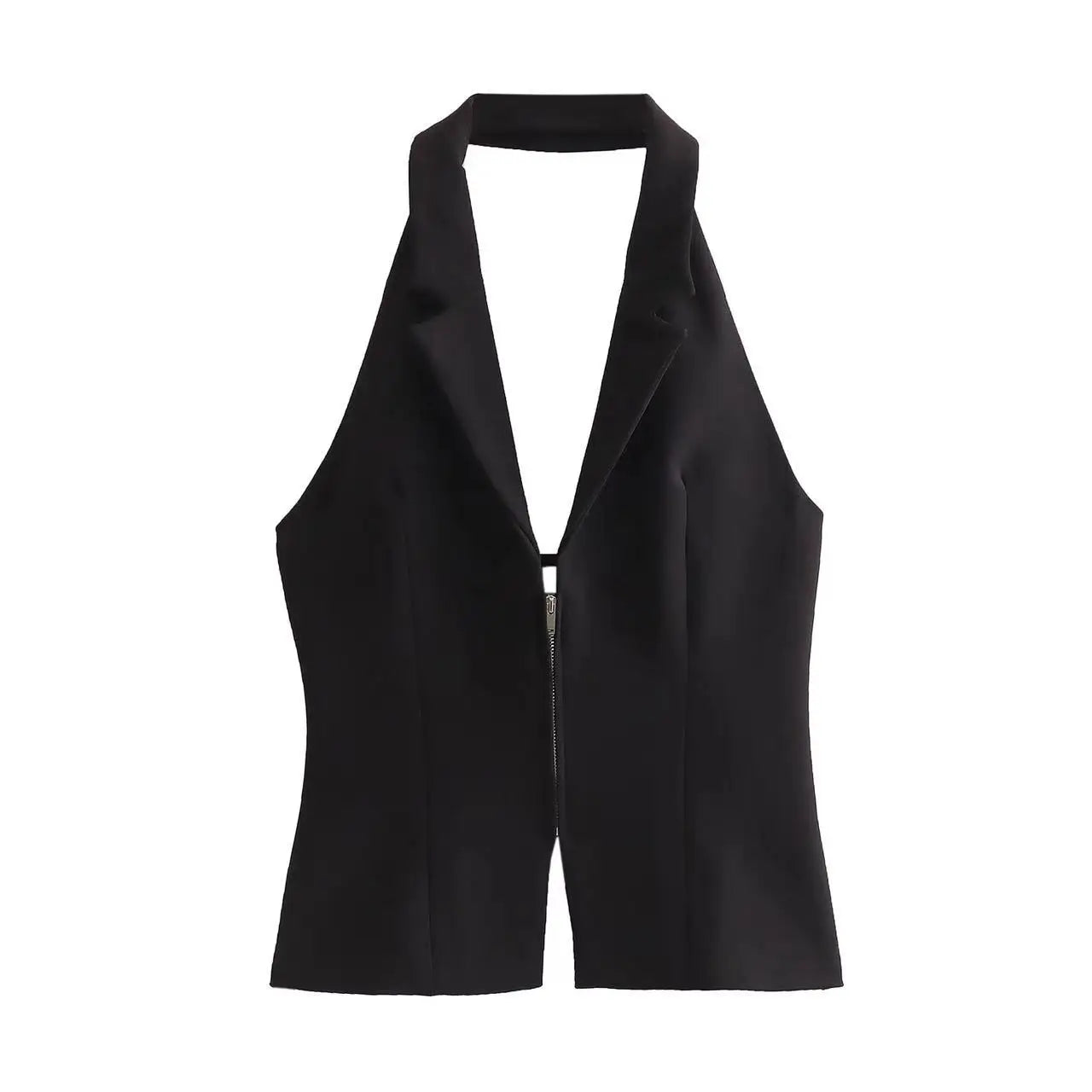 HH Female Sexy Slim Crop Top Solid Turn-Down Collar Sleeveless Backless Decorate Zipper Summer Tops Woman Trendy