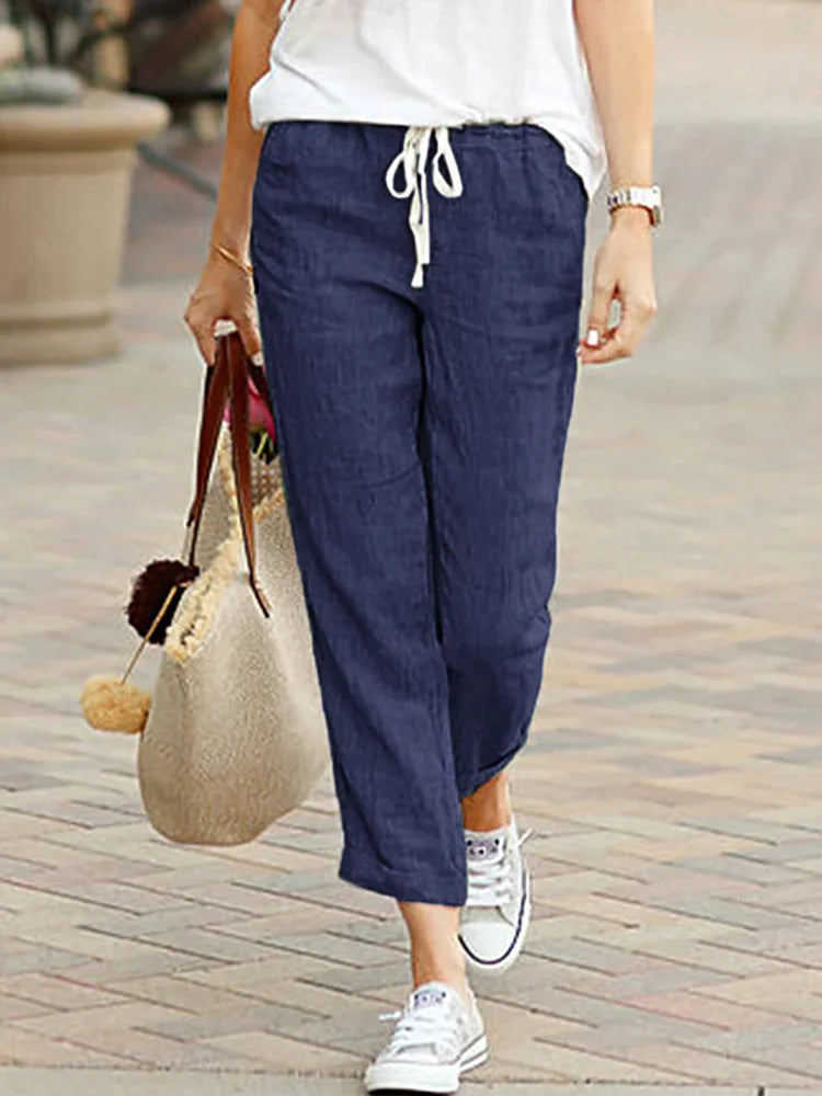 Elegant Women Cropped Pants with Drawstring and Pockets