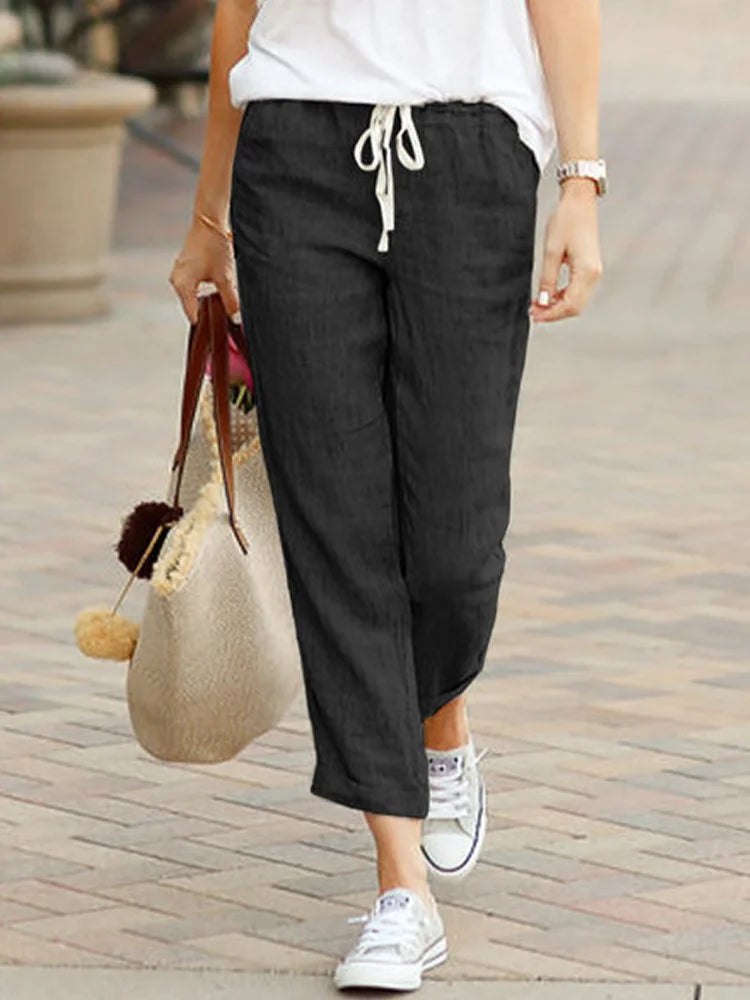 Elegant Women Cropped Pants with Drawstring and Pockets