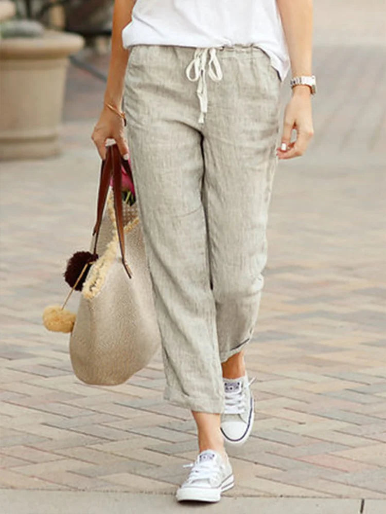 Elegant Women Cropped Pants with Drawstring and Pockets