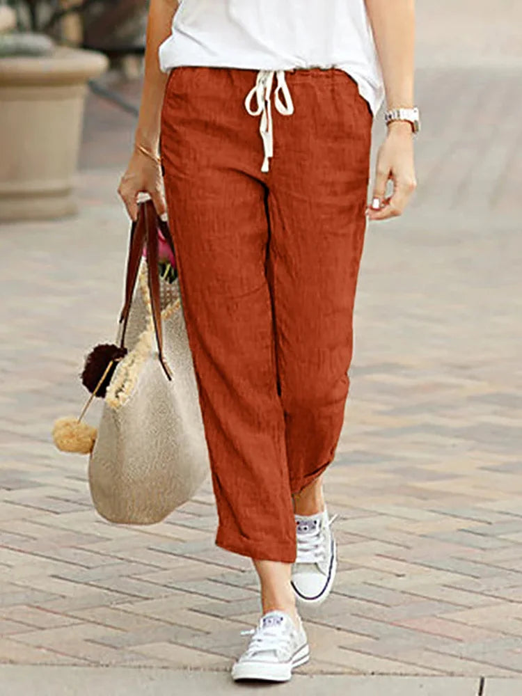 Elegant Women Cropped Pants with Drawstring and Pockets
