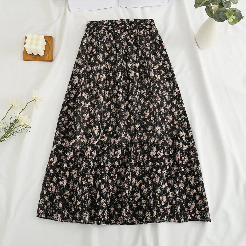 Elegant Floral Print Chiffon A-Line Midi Skirt for Women
