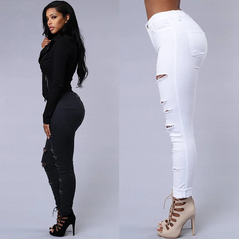 Women's High Stretch Ripped Denim Pencil Jeans
