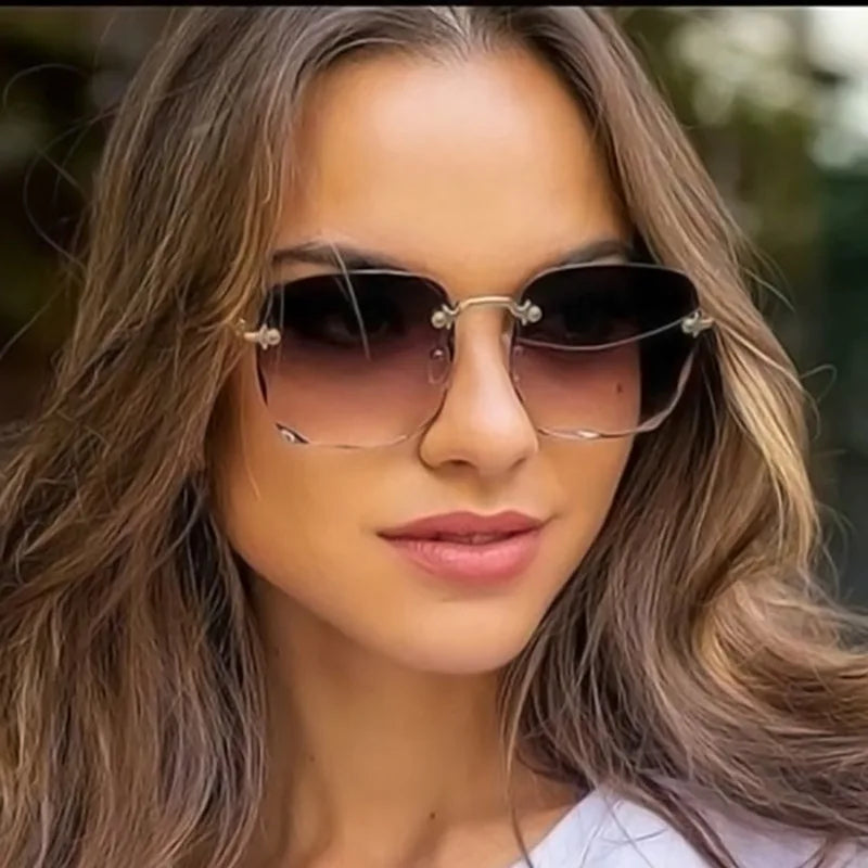 Luxury Square Rimless Sunglasses for Women in Red Color