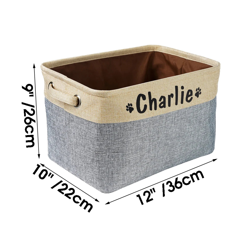 Personalized Linen Pet Toy Storage Basket in Coffee Gray Purple