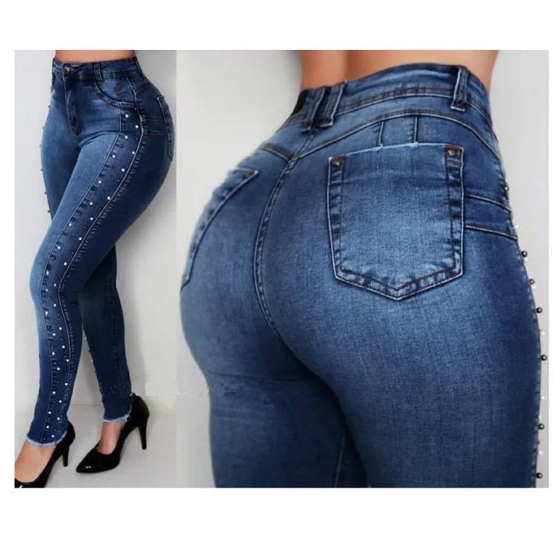 Ultra Stretchy Women's Curve Jeans with Bead Decoration