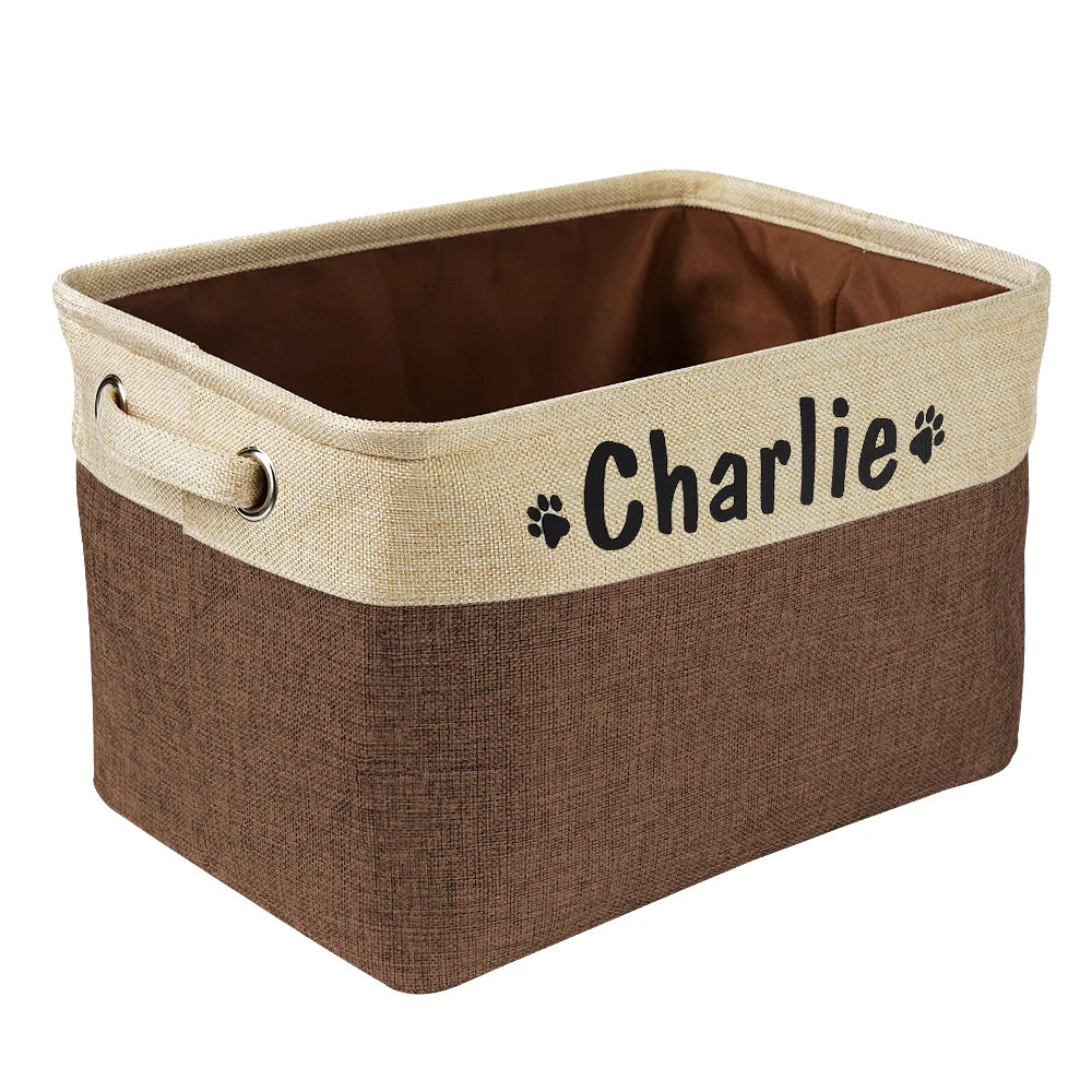 Personalized Linen Pet Toy Storage Basket in Coffee Gray Purple
