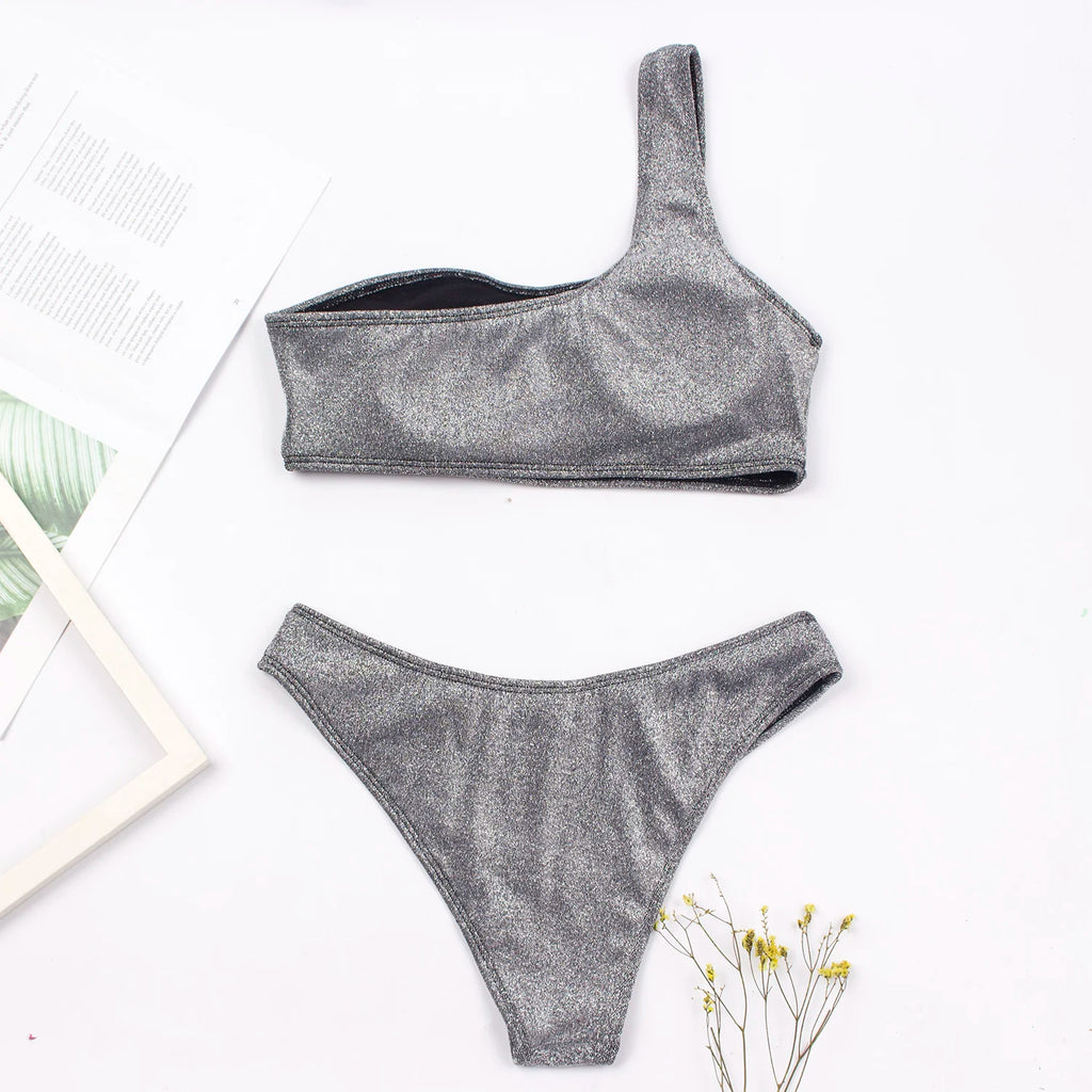 One Shoulder Glitter Bikini Set for Women by seagm