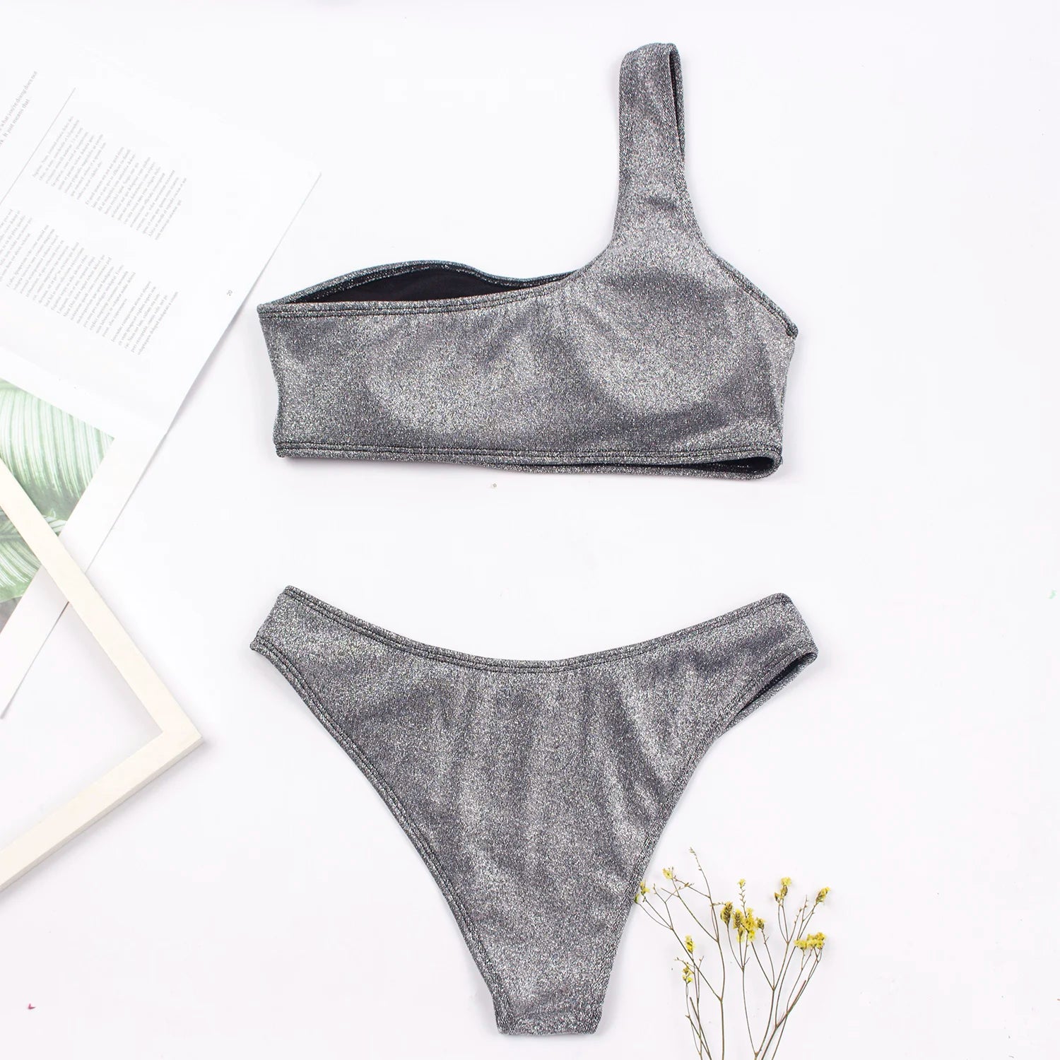 One Shoulder Glitter Bikini Set for Women by seagm