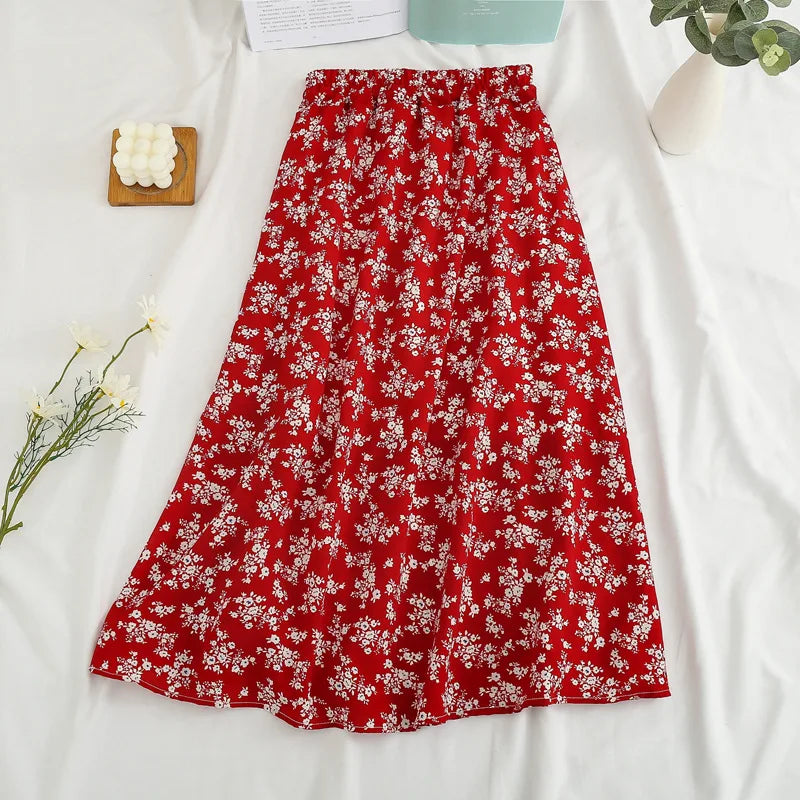 Elegant Floral Print Chiffon A-Line Midi Skirt for Women