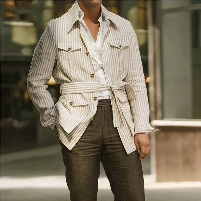 Men's Casual Long Sleeve Striped Belted Shirt in Multiple Colors