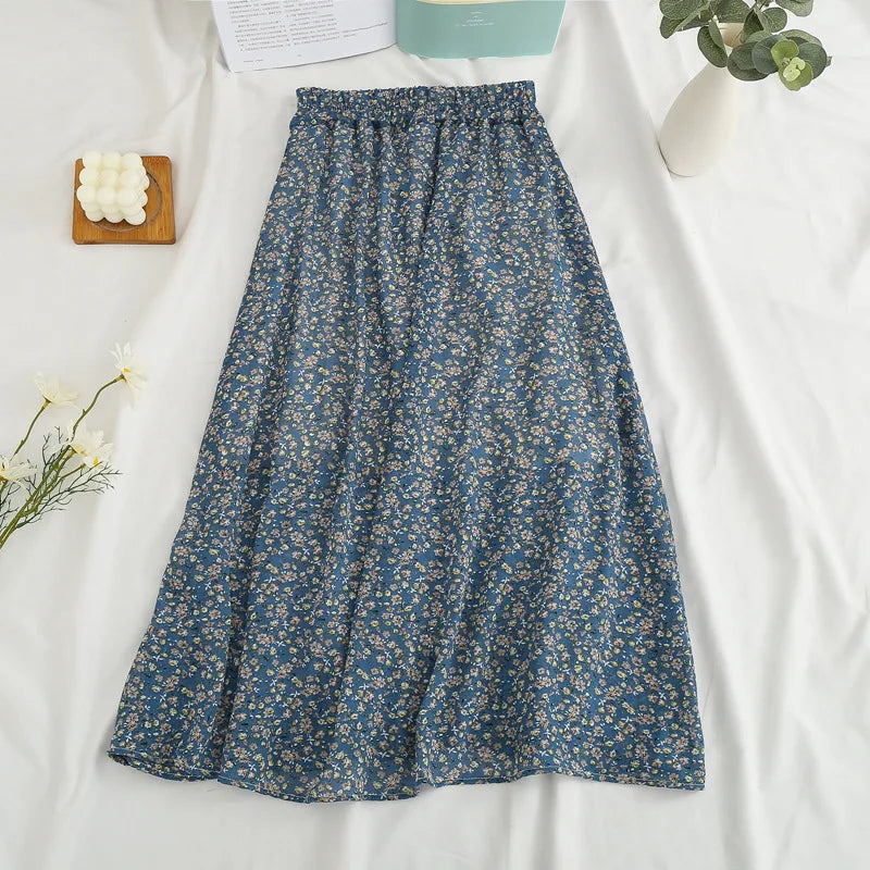 Elegant Floral Print Chiffon A-Line Midi Skirt for Women