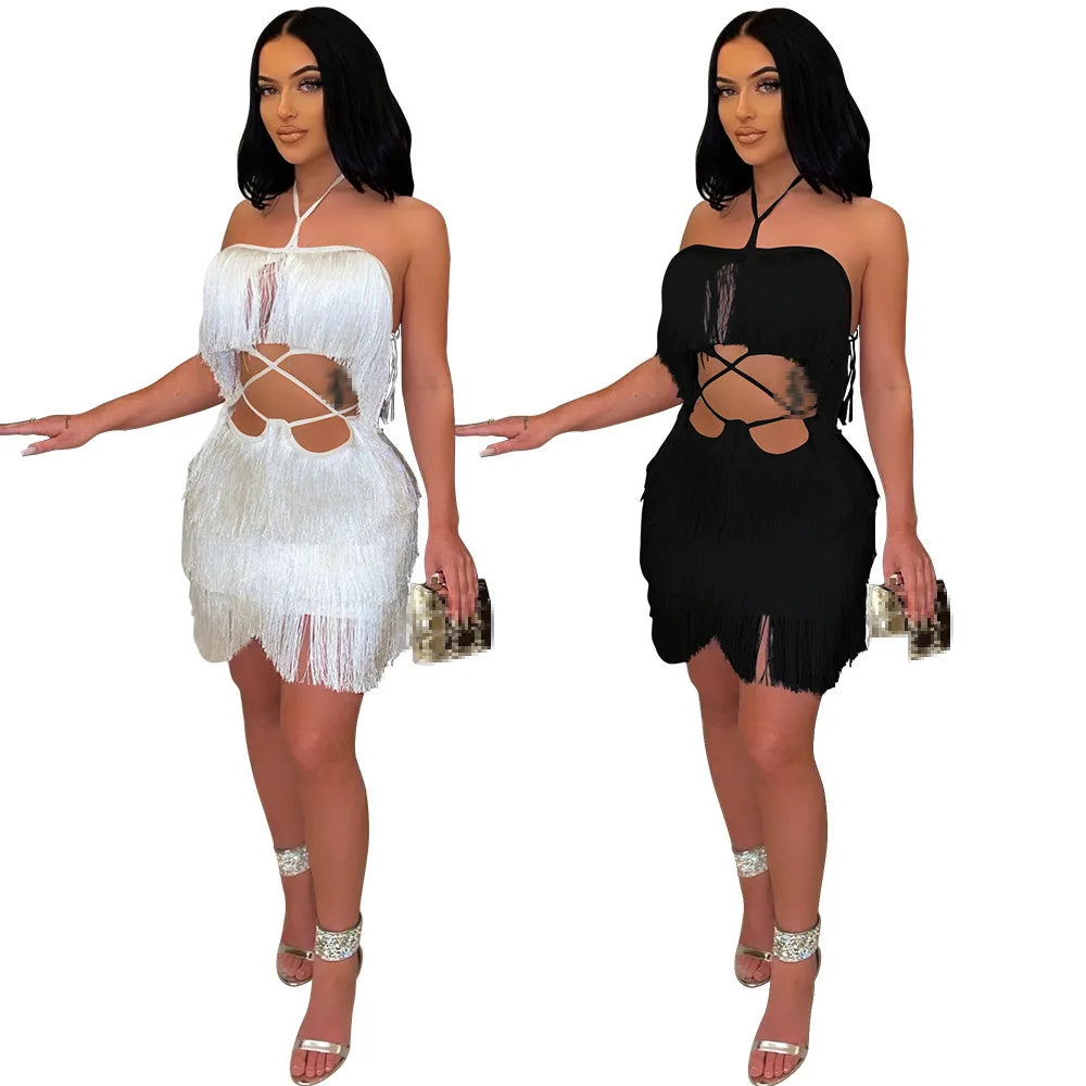 STEFION Women's Sexy Black Mini Dress with Tassel Detail