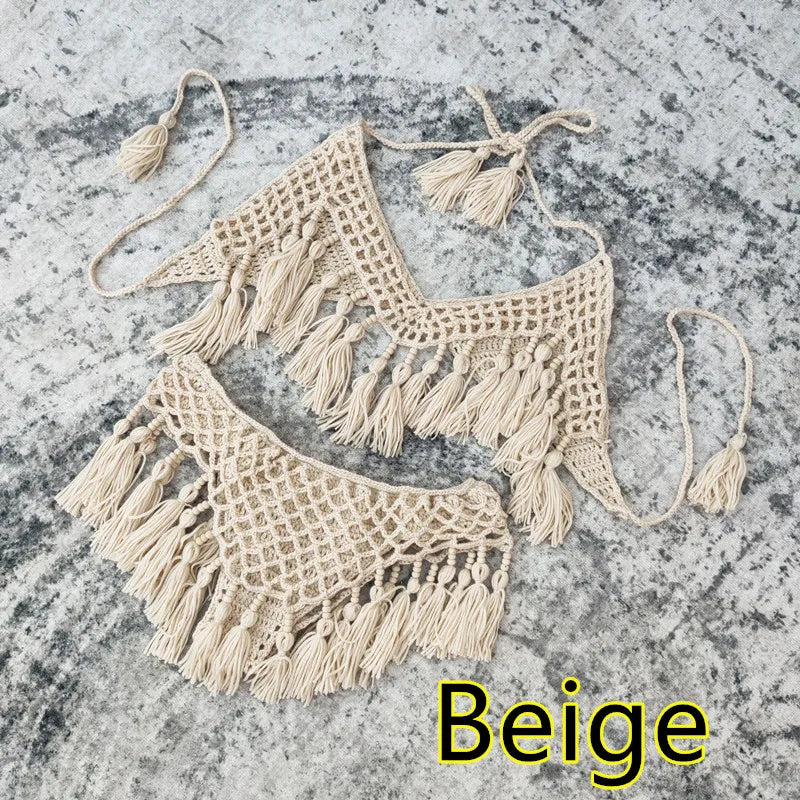Crochet Bikini Set for Women with Tassels in White/Beige