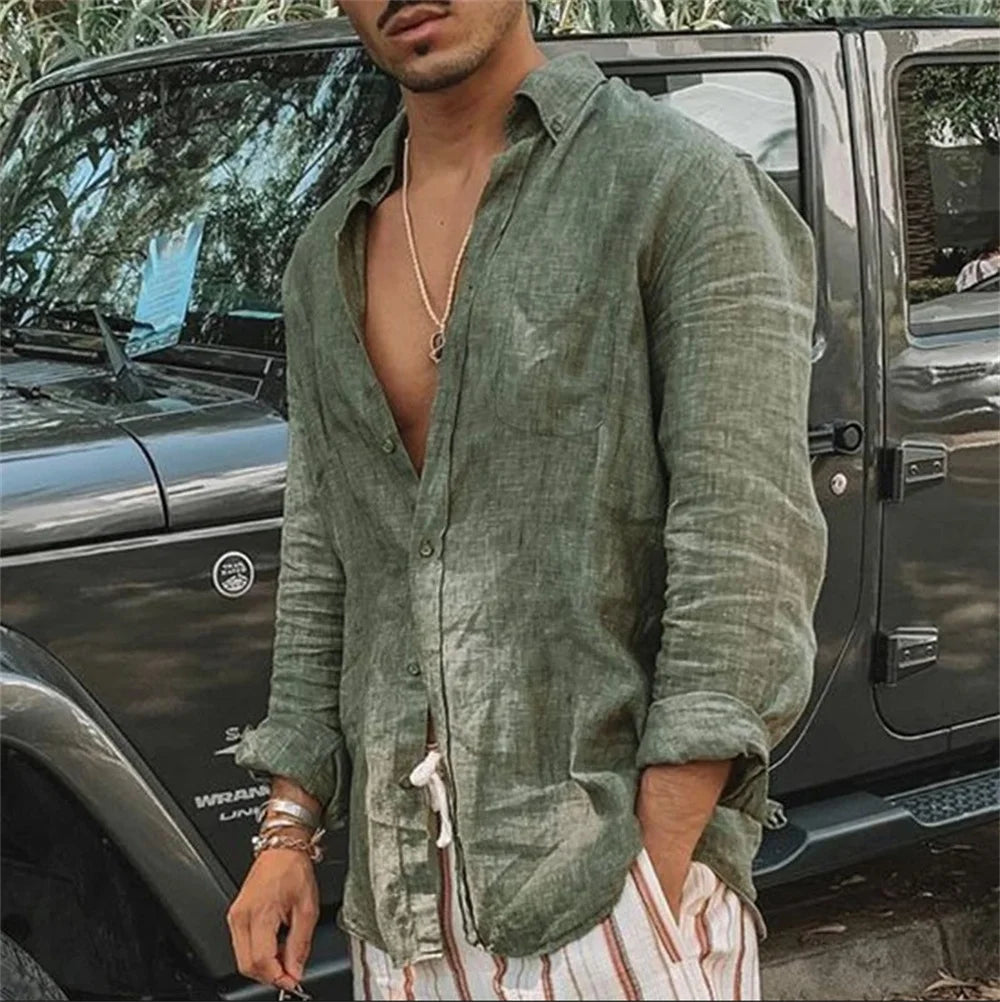 2024 Summer Men'S Casual Cotton Linen Shirt Long Sleeve Loose Blouse Button Breathable Top For Men