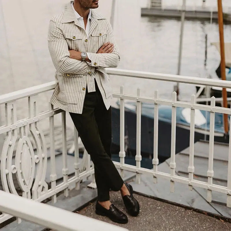 Men's Casual Long Sleeve Striped Belted Shirt in Multiple Colors