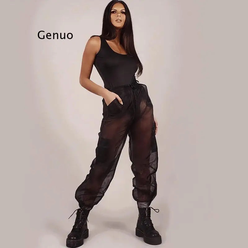Genuo Women's Sheer Mesh Wide Leg Pants for Casual Parties