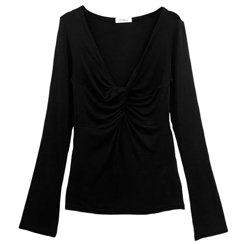 2026 Women Sexy T-shirt Long Sleeve Shirring V-neck Lady Slim Tshirt Summer Thin Solid Color Female Crop Top Tees for Woman