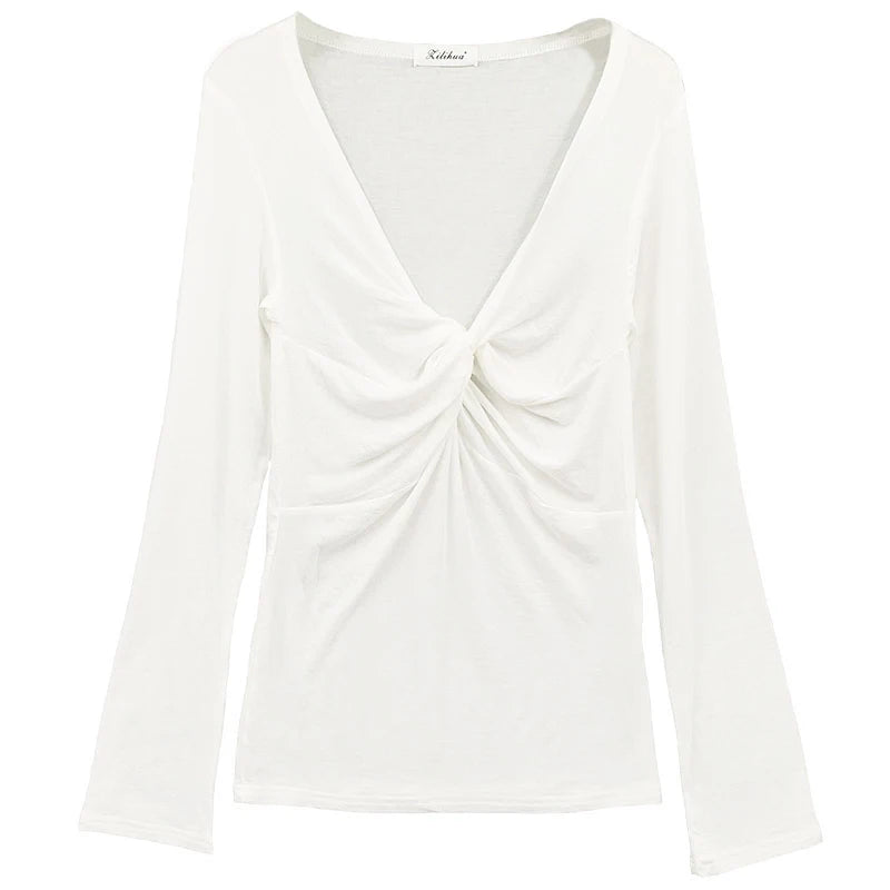 2026 Women Sexy T-shirt Long Sleeve Shirring V-neck Lady Slim Tshirt Summer Thin Solid Color Female Crop Top Tees for Woman
