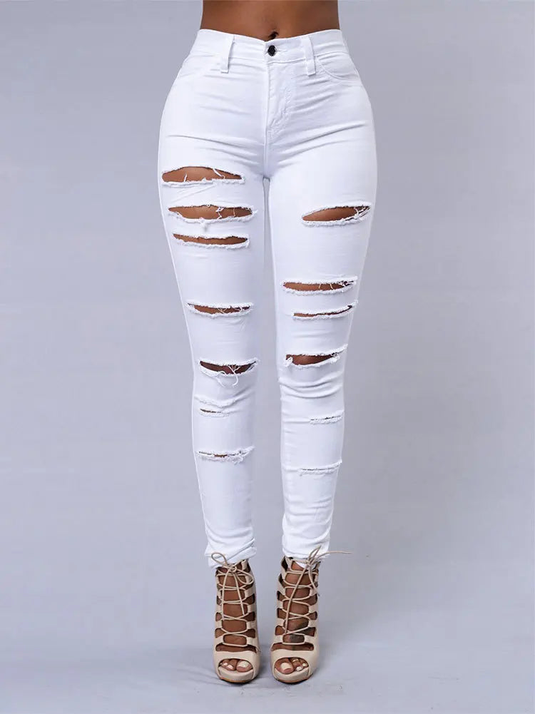 Women's High Stretch Ripped Denim Pencil Jeans