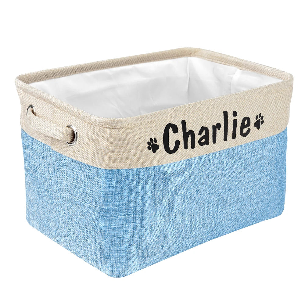 Personalized Linen Pet Toy Storage Basket in Coffee Gray Purple