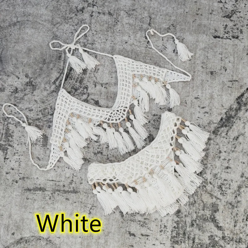 Crochet Bikini Set for Women with Tassels in White/Beige
