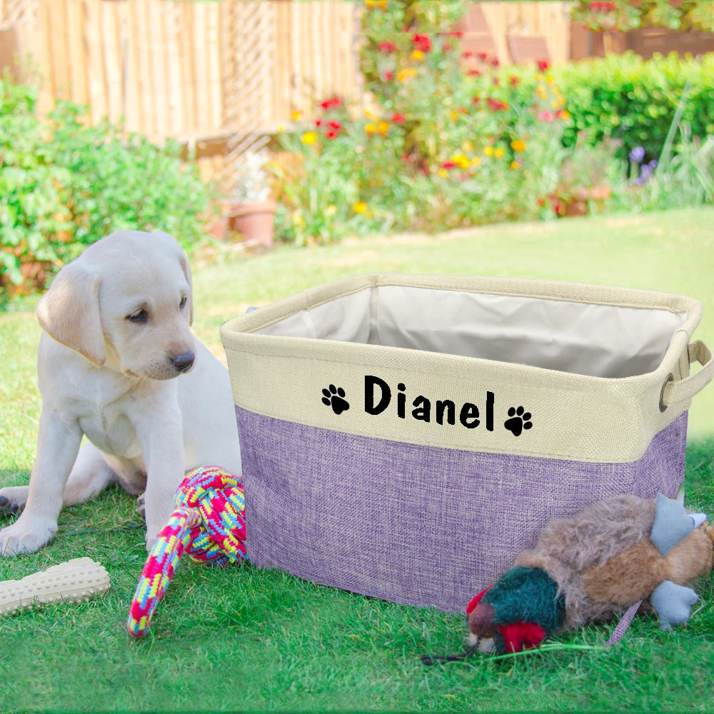 Personalized Linen Pet Toy Storage Basket in Coffee Gray Purple