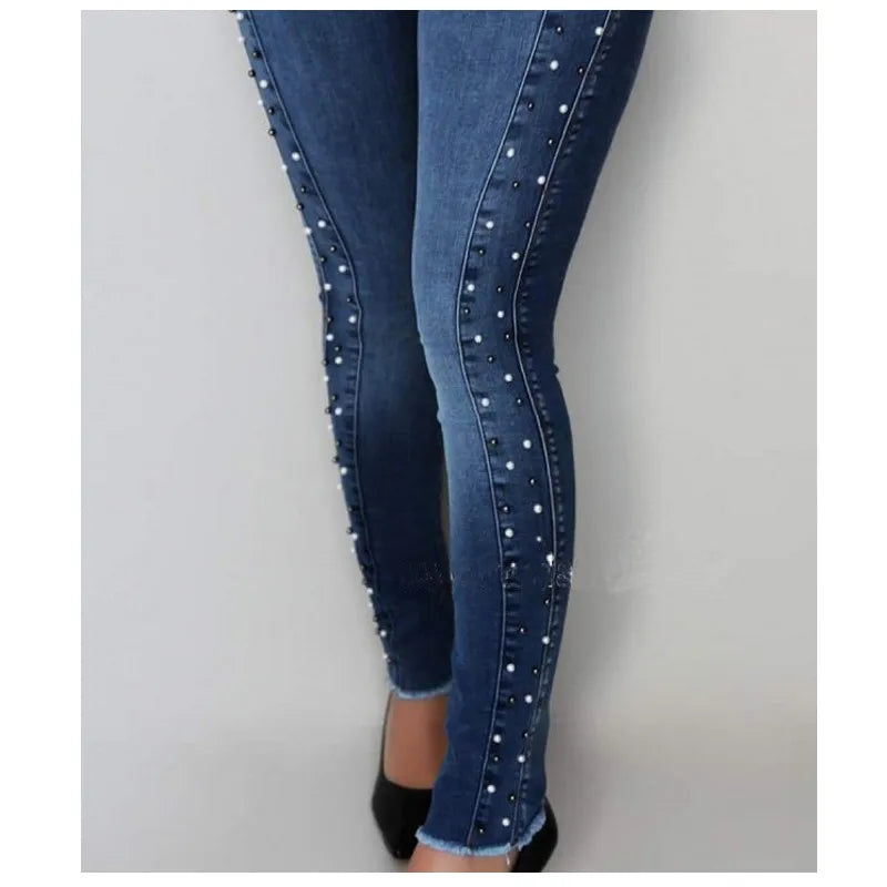 Ultra Stretchy Women's Curve Jeans with Bead Decoration