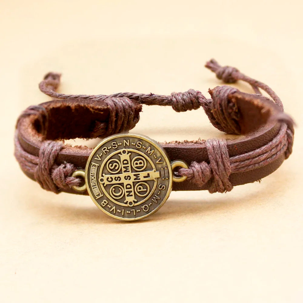 St. Benedict Medal Leather Bracelet for Unisex Fashion
