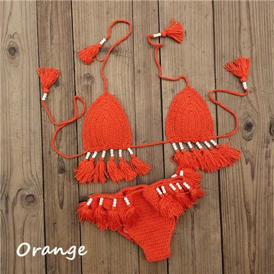 Crochet Bikini Set with Tassels Bead for Women