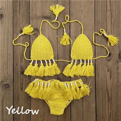 Crochet Bikini Set with Tassels Bead for Women