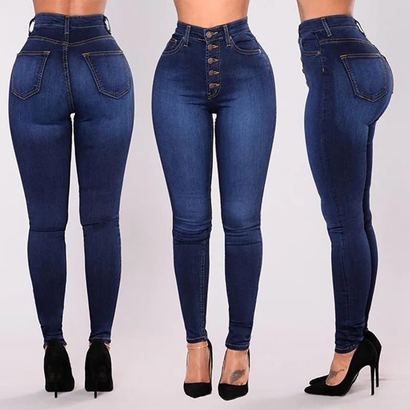 High Waist Push Up Jeans for Women in Washed Denim