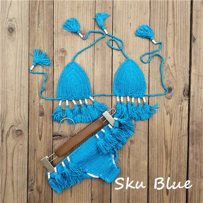 Crochet Bikini Set with Tassels Bead for Women