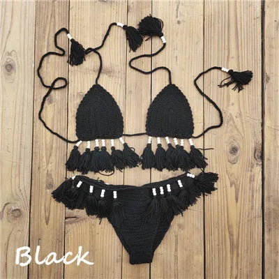 Crochet Bikini Set with Tassels Bead for Women
