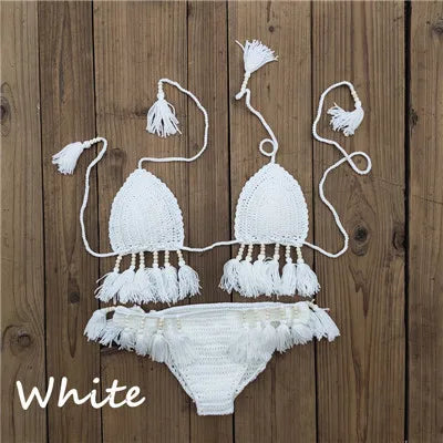 Crochet Bikini Set with Tassels Bead for Women