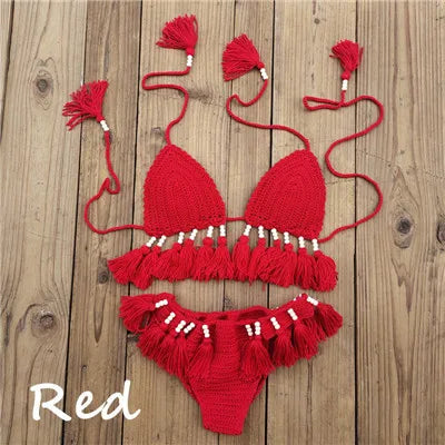 Crochet Bikini Set with Tassels Bead for Women