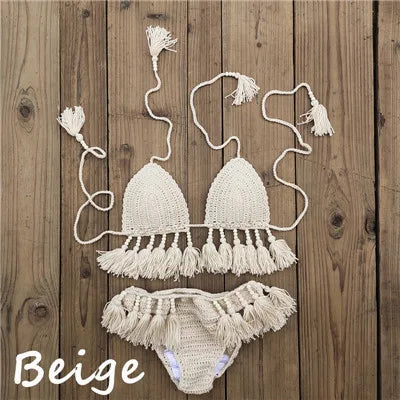 Crochet Bikini Set with Tassels Bead for Women