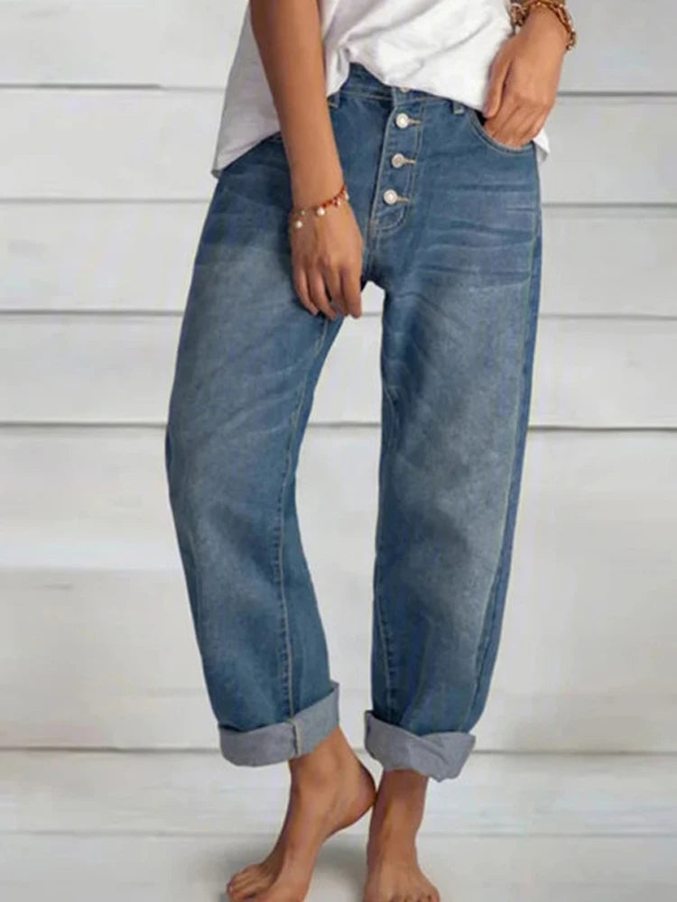 High Waist Wide Leg Loose Jeans for Women in Cotton Denim