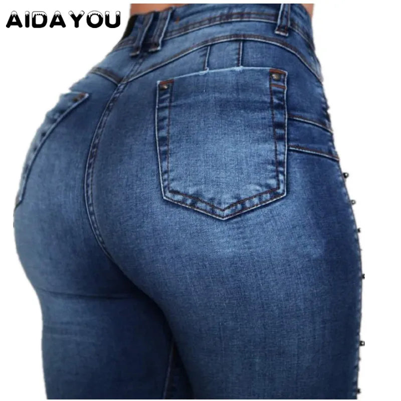 Ultra Stretchy Women's Curve Jeans with Bead Decoration