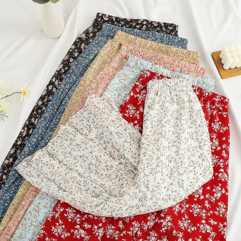 Elegant Floral Print Chiffon A-Line Midi Skirt for Women