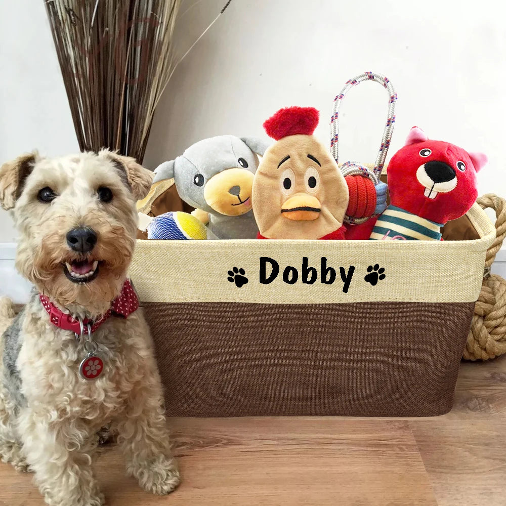 Personalized Linen Pet Toy Storage Basket in Coffee Gray Purple