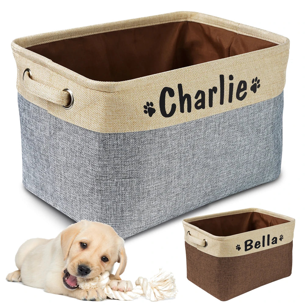 Personalized Linen Pet Toy Storage Basket in Coffee Gray Purple
