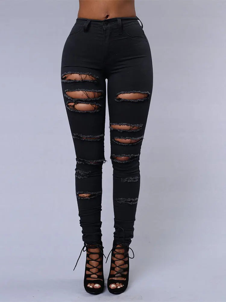 Women's High Stretch Ripped Denim Pencil Jeans
