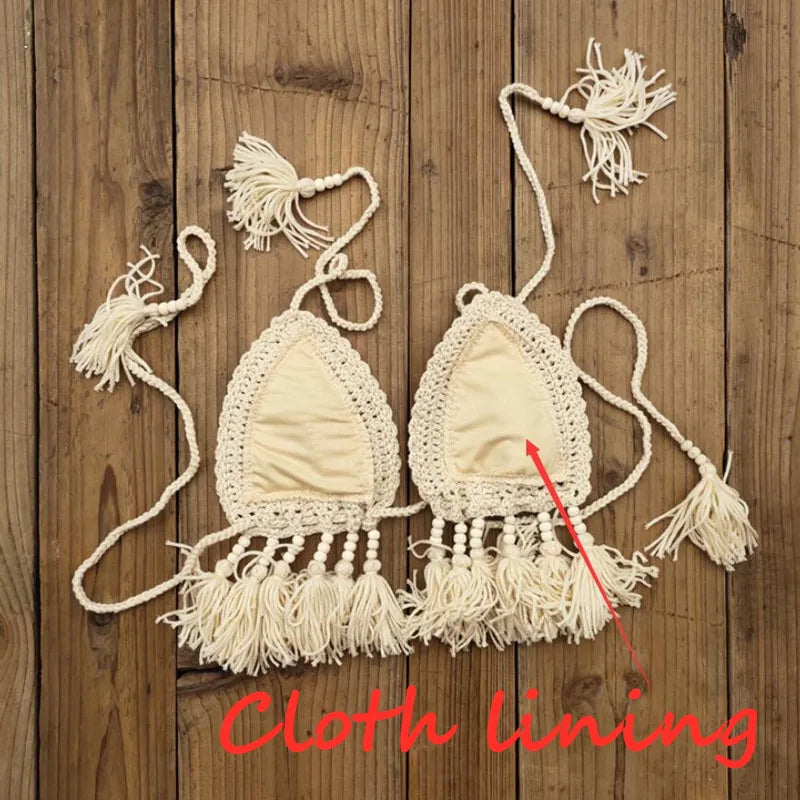 Crochet Bikini Set with Tassels Bead for Women