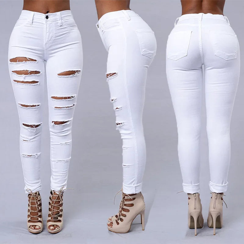 Women's High Stretch Ripped Denim Pencil Jeans