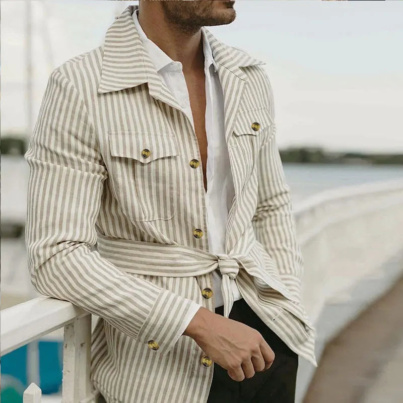 Men's Casual Long Sleeve Striped Belted Shirt in Multiple Colors