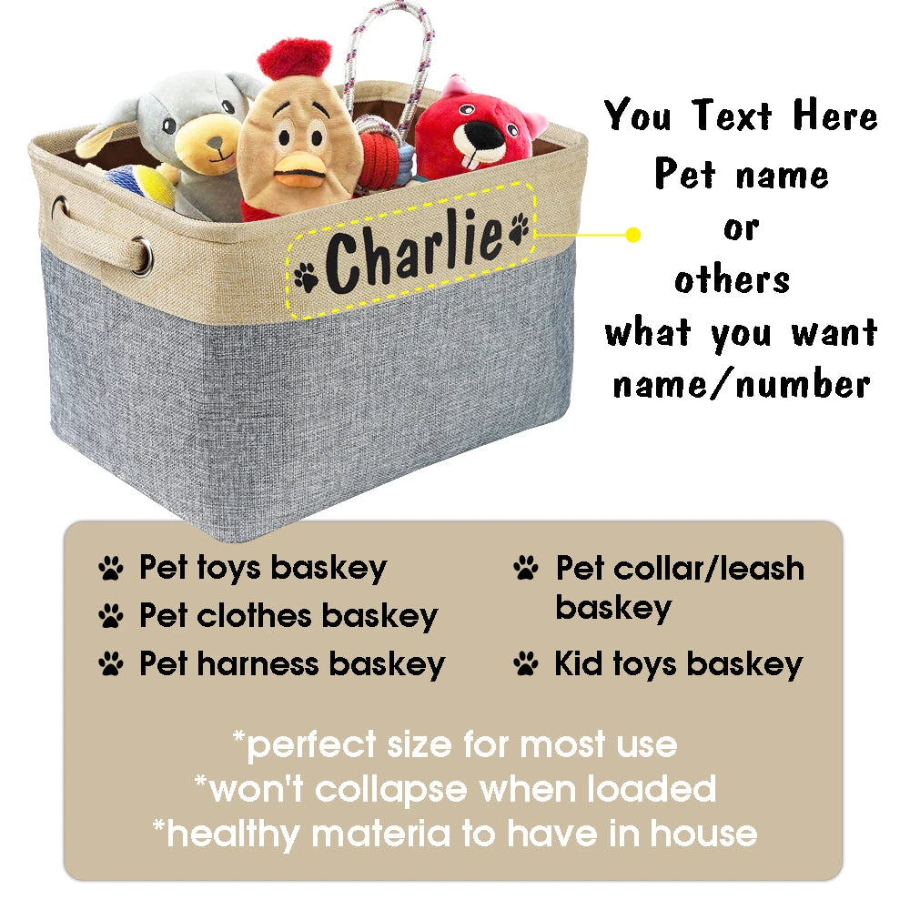 Personalized Linen Pet Toy Storage Basket in Coffee Gray Purple