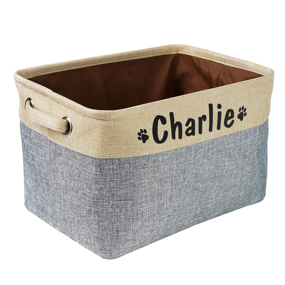 Personalized Linen Pet Toy Storage Basket in Coffee Gray Purple